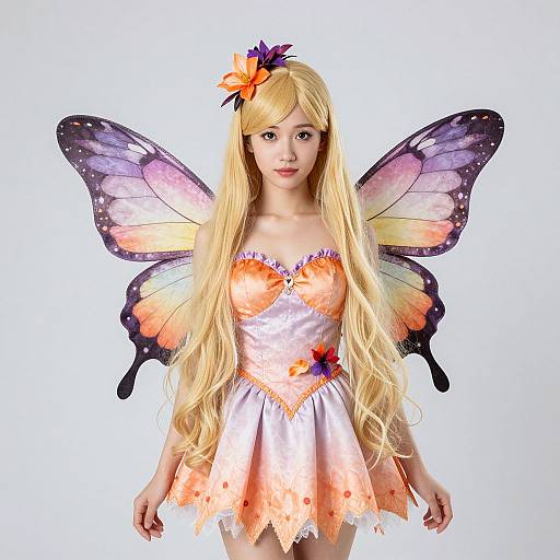 Photograph of an Asian woman cosplaying as a fairy, with long blonde hair, butterfly wings, orange and white dress, and floral accessories.
