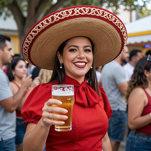 Photograph of a smiling Latina woman in a red blouse and large straw sombrero, holding a glass of beer, at a festive outdoor gathering with blurred