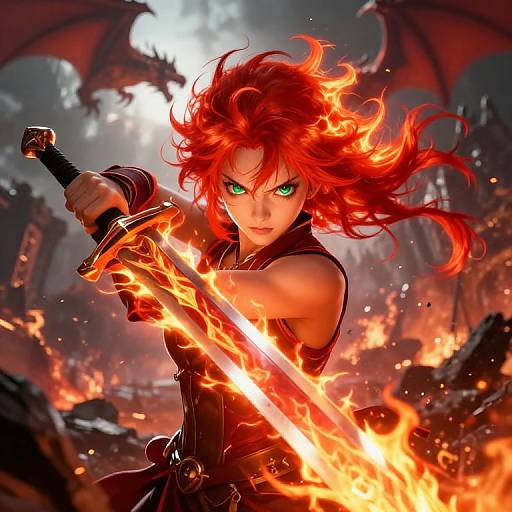 Digital fantasy artwork: Red-haired, green-eyed warrior with flaming sword, intense gaze, and fiery red hair, battles dark, blazing background with bat-like