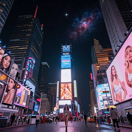 Photograph of a vibrant, neon-lit Times Square at night, featuring large, colorful billboards with models, skyscrapers, and a star