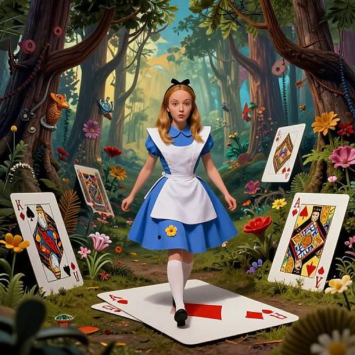 Digital illustration of a blonde girl in a blue and white Alice-in-Wonderland dress, surrounded by floating playing cards in a vibrant, magical forest with