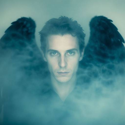 Photograph of a pale-faced man with intense blue eyes and dark feathered wings, partially obscured by blue mist, creating an ethereal, angelic