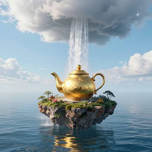 Digital art: A gigantic, golden teapot on a small, grassy island, with water cascading from a cloudy sky, reflecting on calm ocean