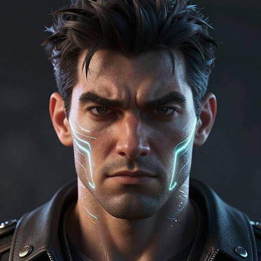 Photorealistic CGI of a serious, dark-haired man with glowing, blue, tribal-like light patterns on his face, wearing a black leather jacket against