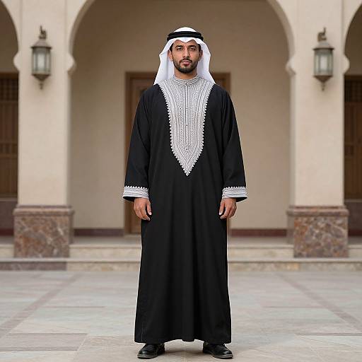 Photograph of a Middle Eastern man in a traditional black thobe with white embroidery, white headscarf, standing in a tiled courtyard with arched