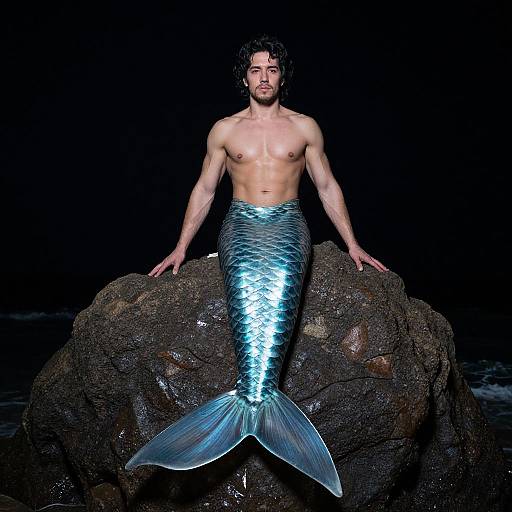 Photograph of a muscular, shirtless man with curly black hair and a silver, shimmering mermaid tail, seated on a large rock against a