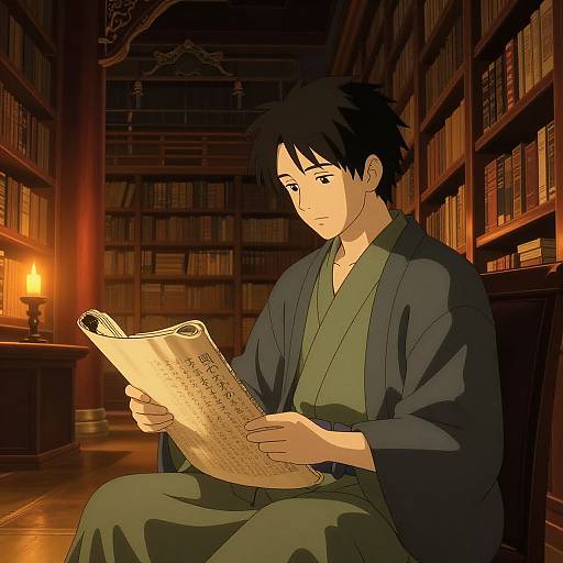 Anime-style digital drawing of a young man with black hair, wearing a dark robe and green kimono, reading a scroll in a warmly lit, wooden