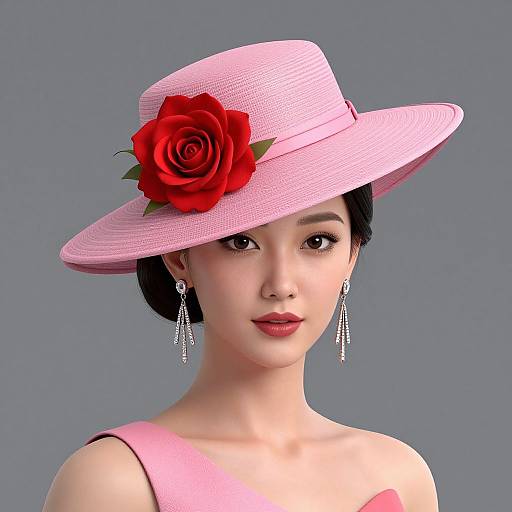 Photorealistic digital image of an Asian woman with fair skin, black hair in an updo, wearing a pink hat with a red rose, pink