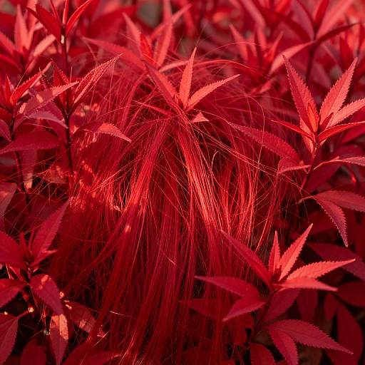 Photograph of vibrant red-leaved plants with fine, wispy hairs, creating a dense, fiery forest-like texture. Bright sunlight enhances the vivid color