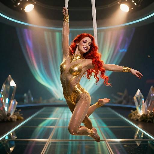 Red-Haired Aerial Contortionist in Golden Catsuit