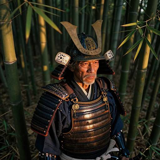 Photograph of an elderly Japanese samurai with weathered face, wearing traditional black armor and helmet, standing in a bamboo forest.