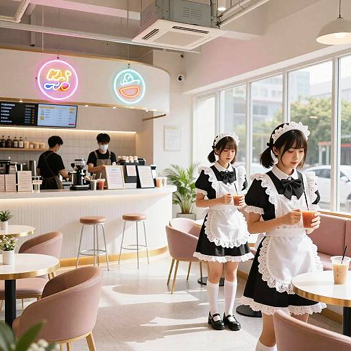 Photograph of two Japanese maid waitresses in black and white uniforms, holding drinks in a brightly lit, modern café with neon signs and large windows.