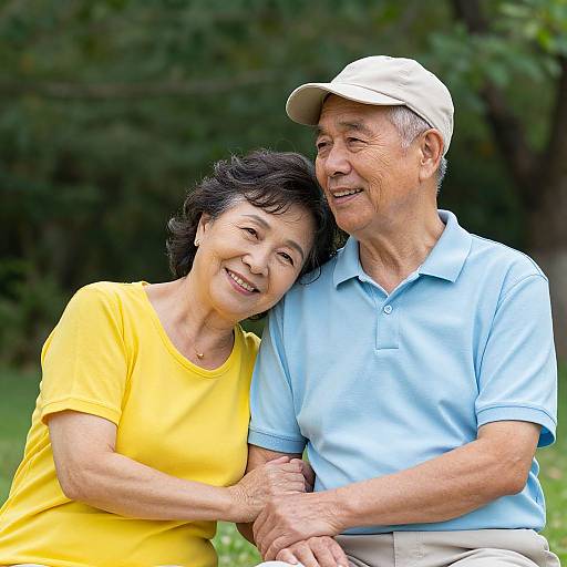 Photograph of an elderly Asian couple smiling outdoors; woman in yellow shirt, man in blue polo and beige cap, arm around each other.