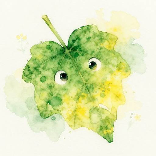 Watercolor illustration of a green leaf with yellow spots, featuring two large, expressive black eyes. The leaf appears slightly curled at the edges.