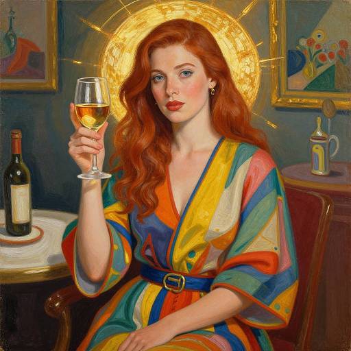 Digital painting of a red-haired woman with a golden halo, wearing a colorful striped robe, holding a glass of wine, in a dimly lit room