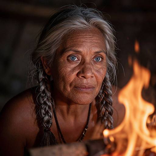 Photograph of a mature Native American woman with gray braided hair, blue eyes, and tanned skin, gazing at a bright fire in a