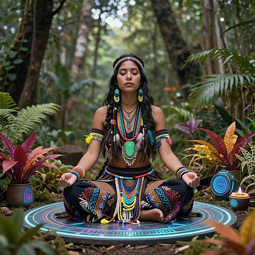 Photograph of a serene young woman with dark hair, wearing colorful tribal attire and jewelry, meditating in a vibrant jungle.