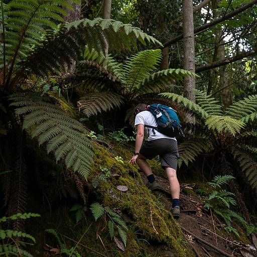 Hiker Ascending Mossy Forest Slope