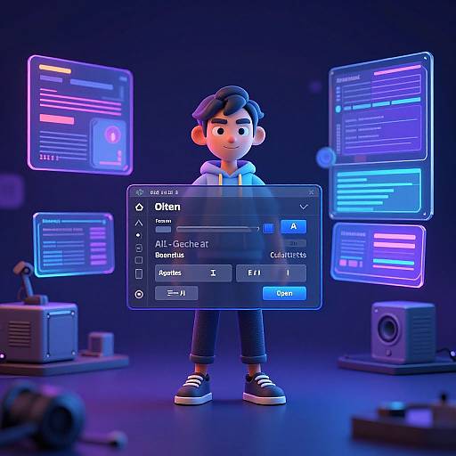 Digital CGI: cartoon boy with blue hair, hoodie, and black sneakers, standing in front of glowing neon screens displaying 