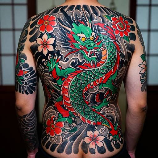Photograph of a man's back showcasing vibrant, intricate traditional Japanese dragon tattoo with red, green, and blue colors, surrounded by red flowers and black