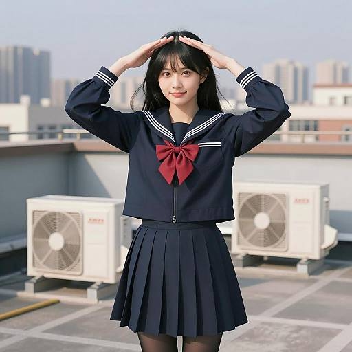 Young Woman in Navy Sailor Uniform on Rooftop