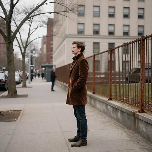 Man in Brown Velvet Coat on City Sidewalk