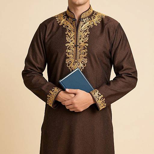 Photograph of a man wearing a dark brown, intricately embroidered traditional kurta, holding a blue book against a plain beige background.
