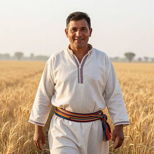 Photograph of a smiling middle-aged Indian man in a white traditional kurta with colorful embroidery and a striped waist sash, standing in a golden wheat