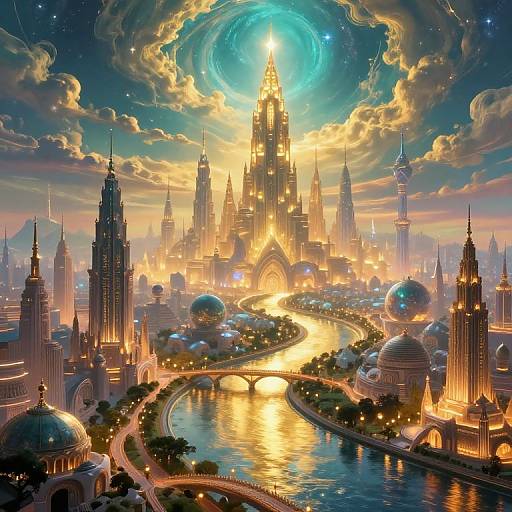 Digital artwork of a futuristic cityscape at sunset, featuring a towering central skyscraper surrounded by dome-shaped buildings, illuminated by a glowing, celestial sun in