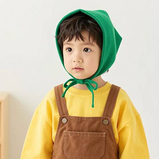Boy in Yellow Outfit and Green Bonnet