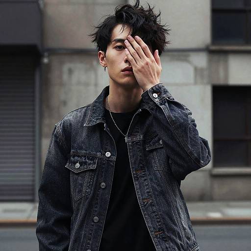 Photograph of a young Asian man with spiky black hair, wearing a black denim jacket and black shirt, covering his face with his hand in an