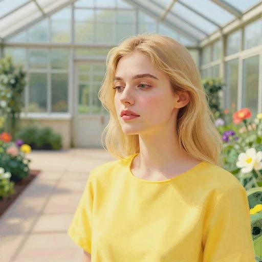 Dreamy Woman in Floral Greenhouse