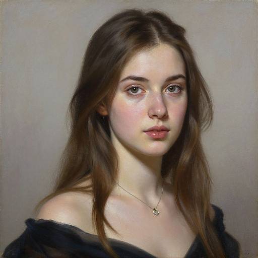 Realistic digital portrait of a young woman with fair skin, brown hair, blue eyes, wearing an off-shoulder black top and a delicate necklace
