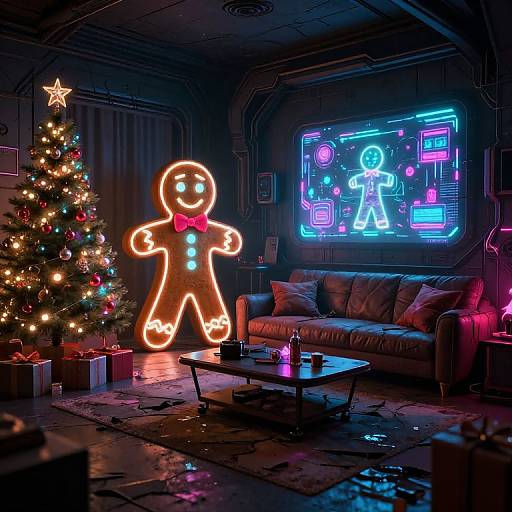 Neon-lit living room with glowing gingerbread man, Christmas tree, and neon sign; dark, festive, and vibrant with colorful lights.