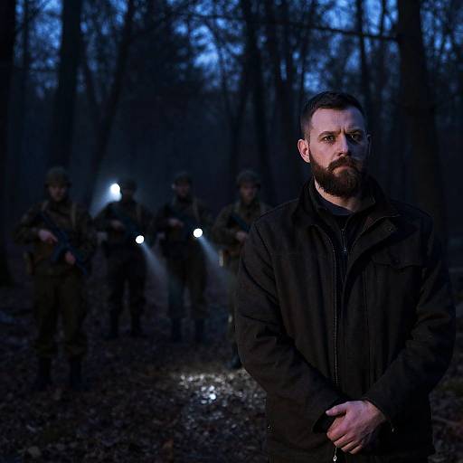 Nighttime Forest Encounter with Soldiers