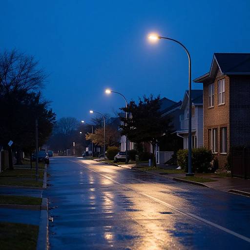 Photograph of a quiet, wet suburban street at dusk, lit by glowing streetlights, with blue-tinted sky, leafless trees, and