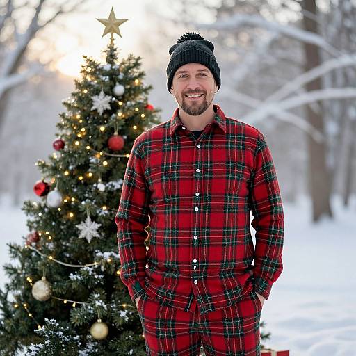 Photograph of a smiling man with a beard, wearing a black knit hat and red plaid pajamas, standing in front of a decorated Christmas tree