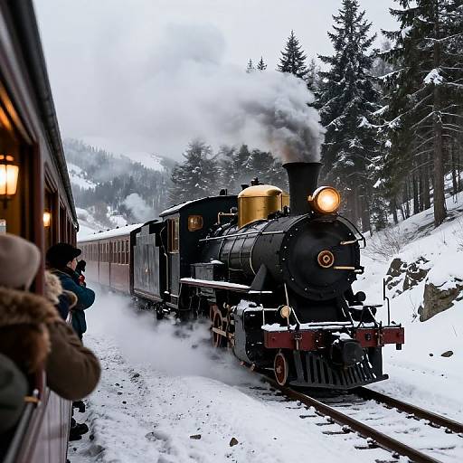 Photograph of a vintage black steam train with white steam, passing through a snowy forest, passengers on the left side of the train.