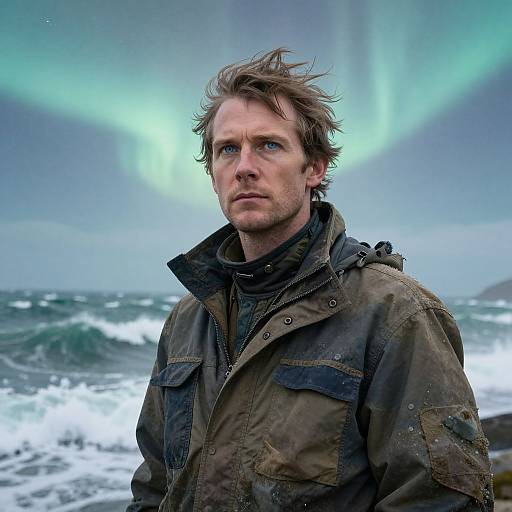 Stoic Tidal Researcher with Northern Lights