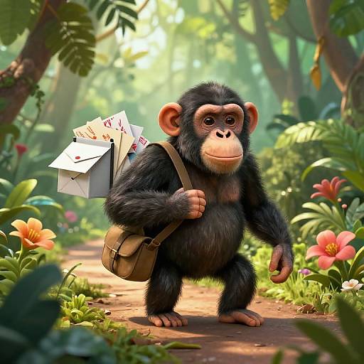 CGI illustration of a cute, black-furred baby monkey with a tan face, wearing a brown satchel, carrying a stack of mail letters