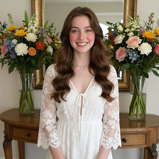 Photograph of a smiling young woman with long brown hair, wearing a white lace dress, standing in front of a wooden table with colorful floral arrangements in