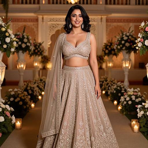 Photograph of a curvy, dark-haired woman in an ornate, beige traditional Indian lehenga with a floral embroidery, standing in a warmly lit