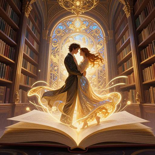 Romantic Couple in Neon Infinite Library