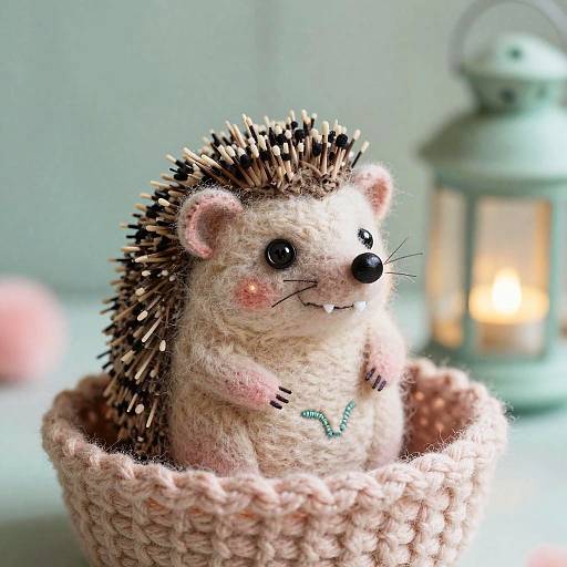 Handmade Felt Hedgehog in Knitted Basket