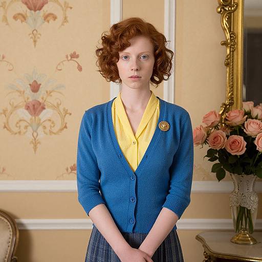 Photograph of a pale-skinned, red-haired woman with curly hair, wearing a blue cardigan over a yellow blouse, standing in an elegant,