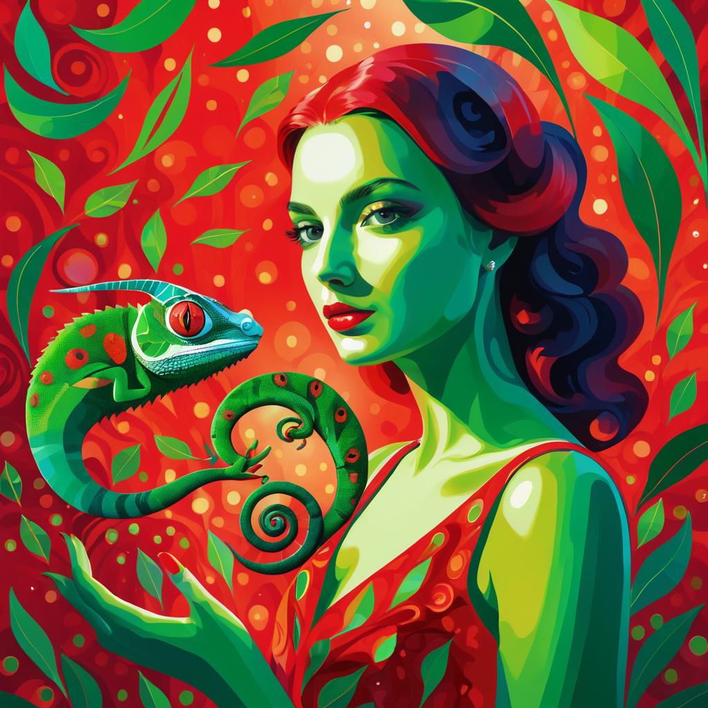 Surreal Woman in Red with Chameleon