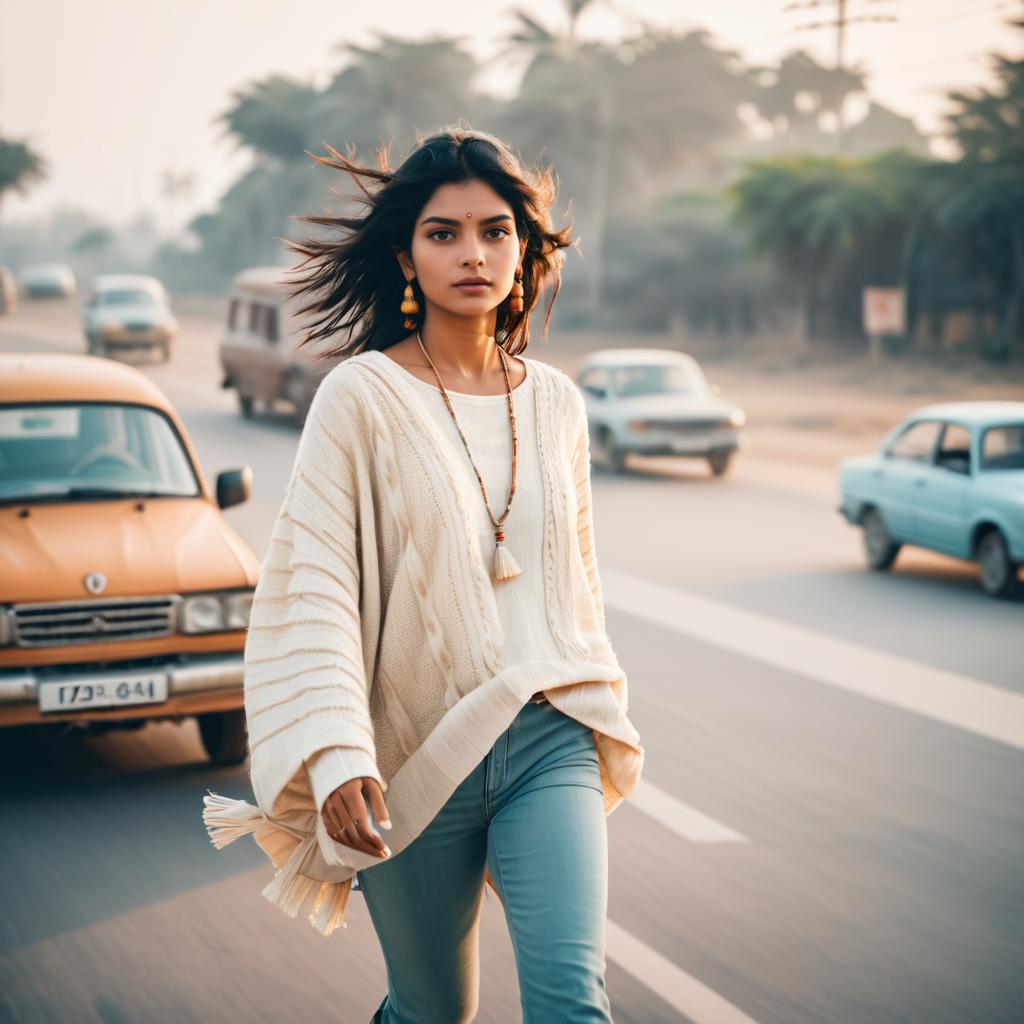 Bohemian Indian Woman Crossing Road