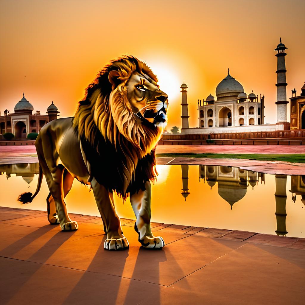 Majestic Lion Against Taj Mahal Sunset