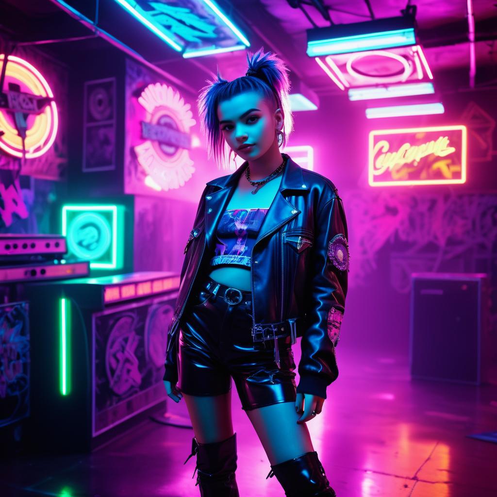 Teen Punk Girl in Neon Music Venue