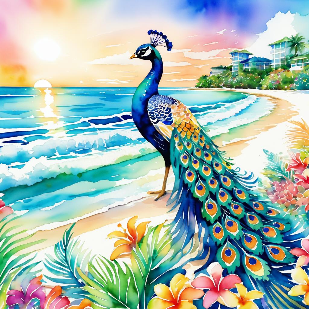 Regal Peacock by Tropical Beach Scene